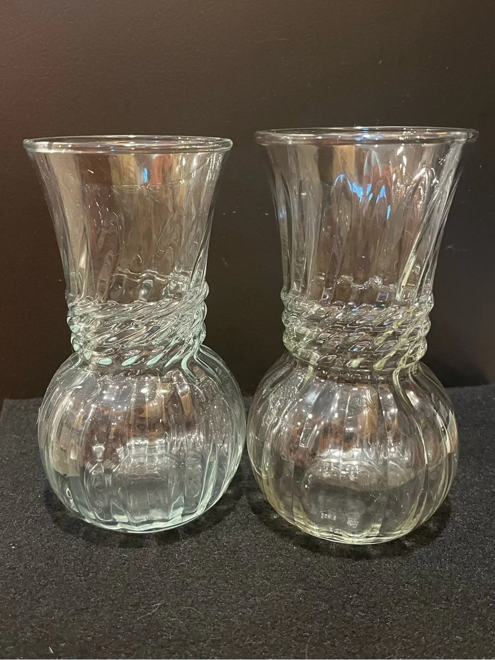 Vintage Anchor Hocking Optic Swirl Ribbed Clear Glass Vases - Set of 2